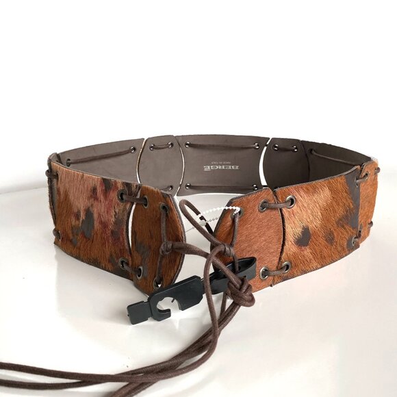 Berge Made in Italy Hair-On Leather Belt Wide Lace-Up Panel Brown